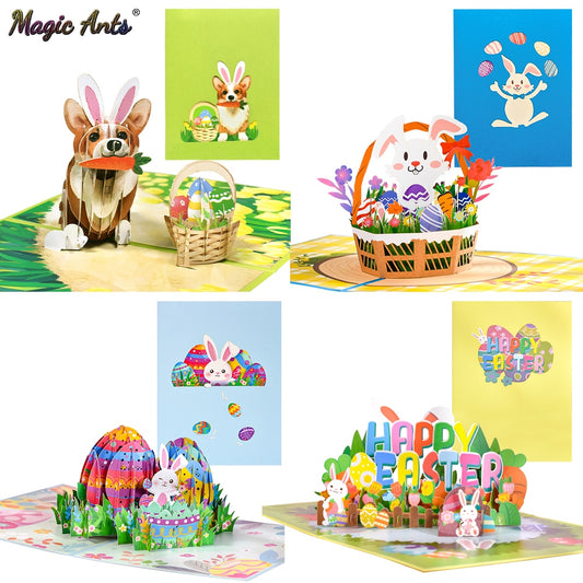3D Happy Easter Greeting Card Bunny Egg Flowers Basket Pop Up Easter Cards Birthday for Kids